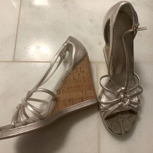 Metallic silver Coach cork wedges! Gorgeous